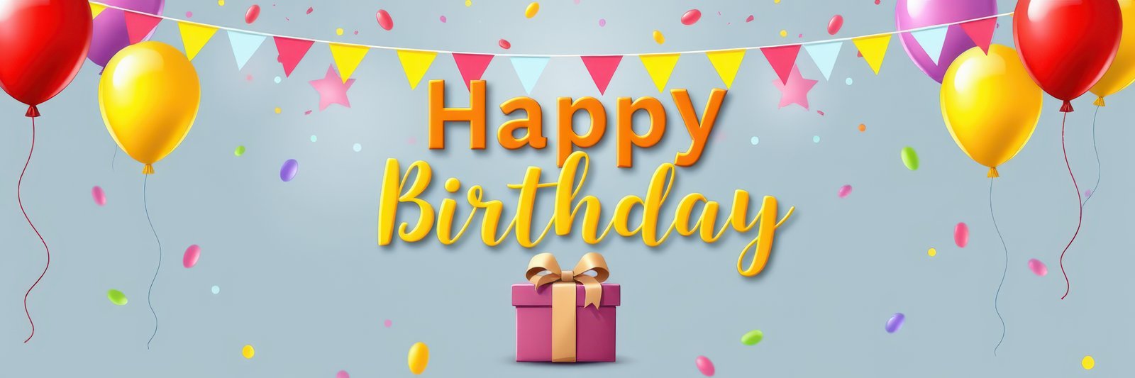 Colorful birthday celebration with balloons, bunting, and a present in a festive atmosphere